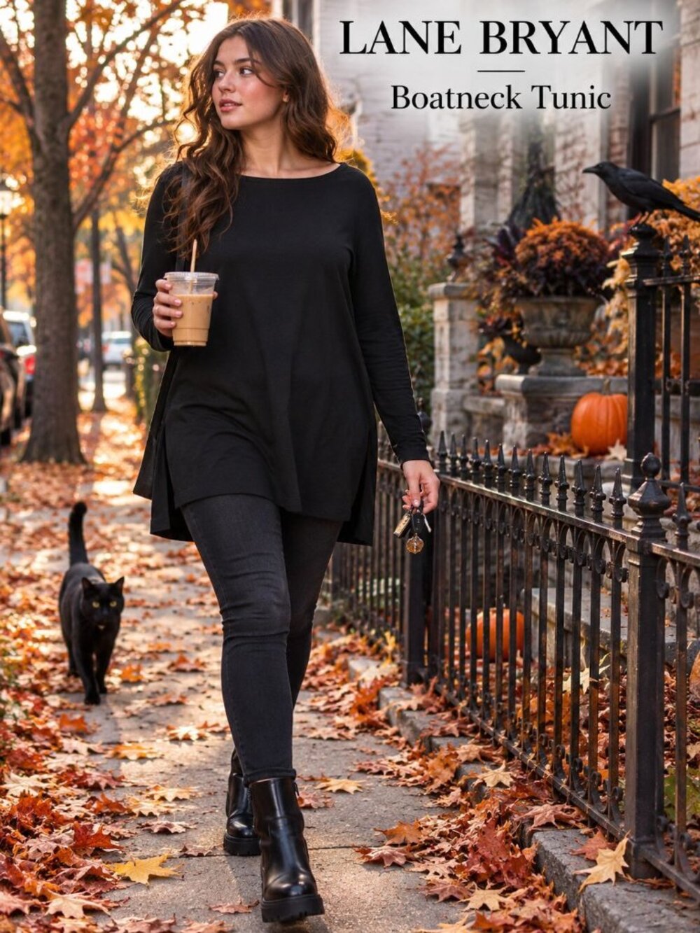 NEW Lane Bryant Boat Neck Tunic 14/16 Black Long Sleeve High Low Side Slit